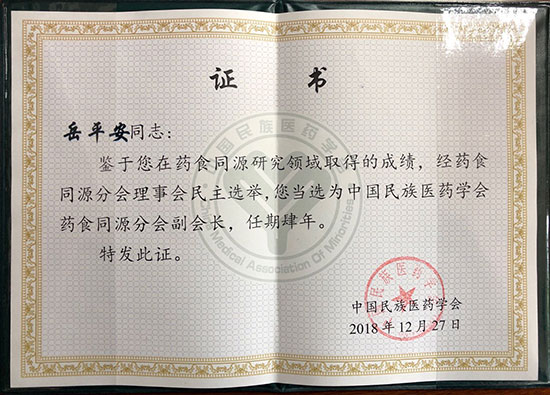 喜訊！恭喜岳平安董事長(zhǎng)榮獲“中國(guó)民族醫(yī)藥學(xué)會(huì)藥食同源分會(huì)副會(huì)長(zhǎng)”